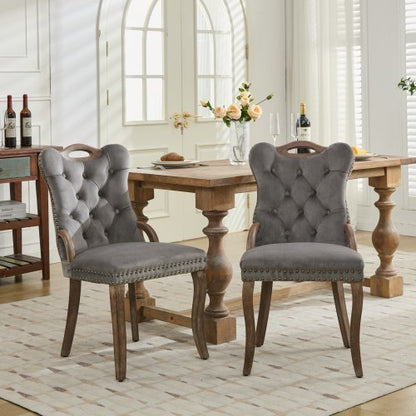 Set of 2 Gray Hand Tufted Velvet Dining Chairs, Solid Wood Handles Vintage Copper Nail Curved Wood Legs