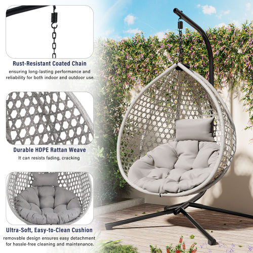 U_STYLE Sturdy Hammock Chair with Stand, Durable Hanging Egg Chair with Rattan Weaving ,Comfortable Indoor Outdoor Swing chairs with Soft Removable Cushion,Suitable for Balcony, Bedroom,or Garden