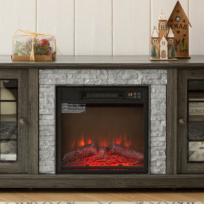 58 Inch Grey Faux Stone Electric Fireplace Media Console 18 inch Heater TV Stand for 65 Inch TV