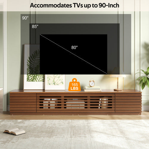86.6 inch Walnut Legless Horizontal Slat Flip Door TV Stand Low Profile Media Console Fits 90 inch TV