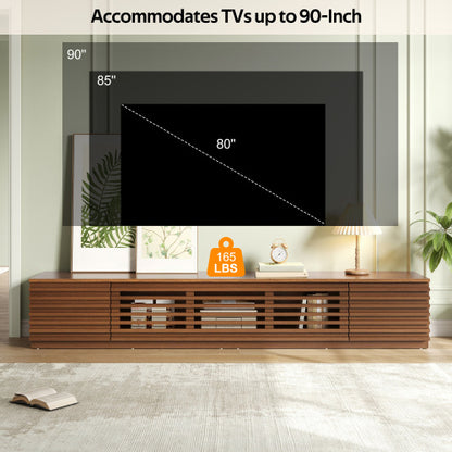 86.6 inch Walnut Legless Horizontal Slat Flip Door TV Stand Low Profile Media Console Fits 90 inch TV