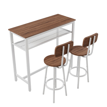 3-Piece Wood Top Bar Set, White Steel Frame Table & 2 Stools with Rack