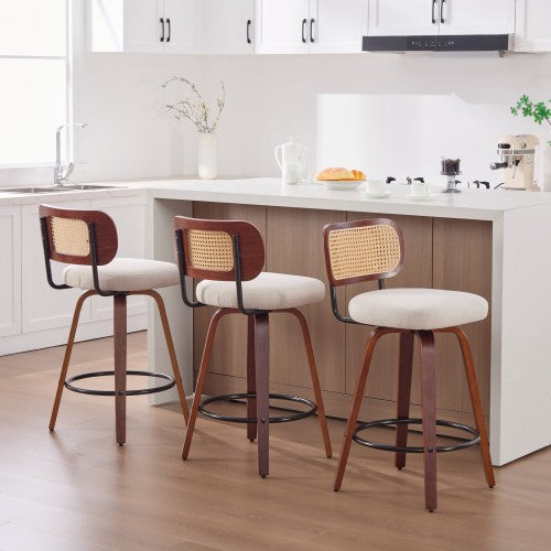 Set of 3, 26-Inch Counter Height Bar Stools - Walnut Black, Cane Rattan Back, Beige Linen Upholstered Seat, Swivel Design for Kitchen Island/Bar/Counter
