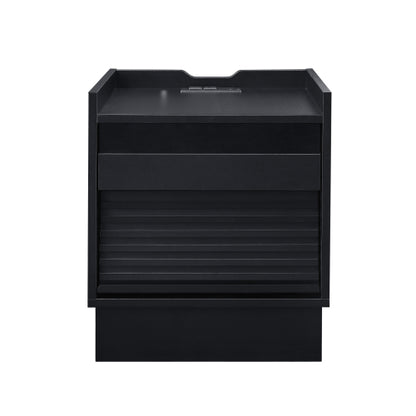 Mid Century Modern Nightstand with Charging Station and LED lights, Night Stand with 2 Drawers, Bedside Tables/End Table for Bedroom or Living Room, Black
