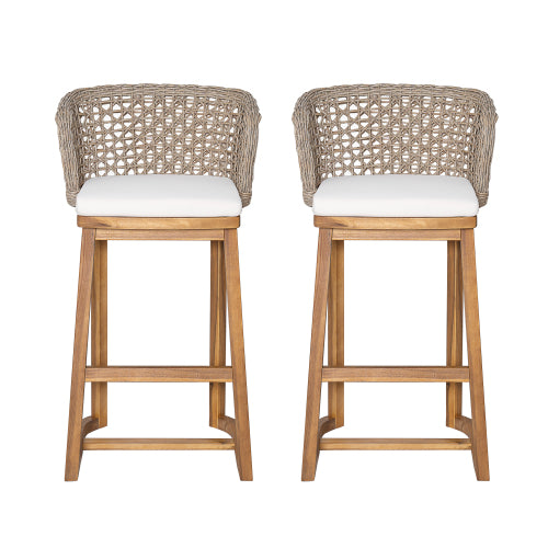 Outdoor Acacia Wood Bar Stools (Set of 2), Teak Finish Bar Height Chairs with Beige Cushion & Light Brown Wicker Back, Counter Height Stools for Patio, Poolside, Kitchen Island