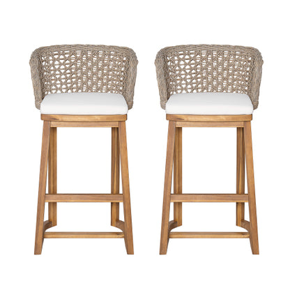 Outdoor Acacia Wood Bar Stools (Set of 2), Teak Finish Bar Height Chairs with Beige Cushion & Light Brown Wicker Back, Counter Height Stools for Patio, Poolside, Kitchen Island