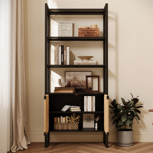 Rattan Storage Bookshelf with Cabinet for Living Room Bedroom