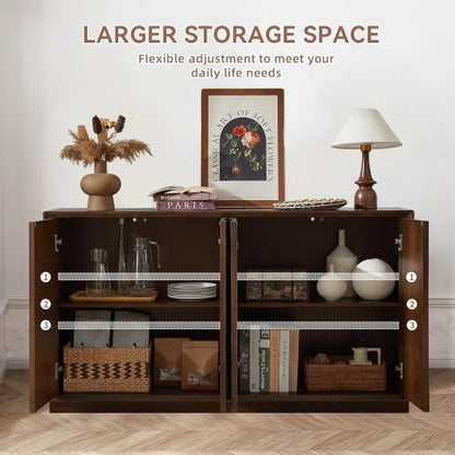 4 Door Accent Cabinet with Carved Wood Doors Adjustable Shelves and Cable Management