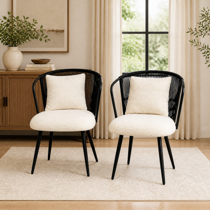 PE Rattan Dining Armchairs with Teddy Cushions and Pillows, Set of 2, Black