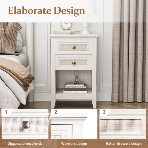 Grayish White Boho Rattan Nightstand with 2 Drawers & Open Shelf