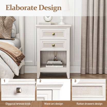 Grayish White Boho Rattan Nightstand with 2 Drawers & Open Shelf