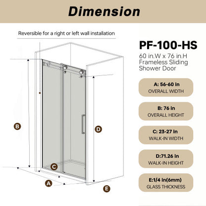 Frameless Single sliding shower door 56-60 "W x 76" H, 1/4 "(6 mm) Clear Tempered Glass, Explosion Proof Film, Stainless Steel Handle Square Tube Track ,Matte Black