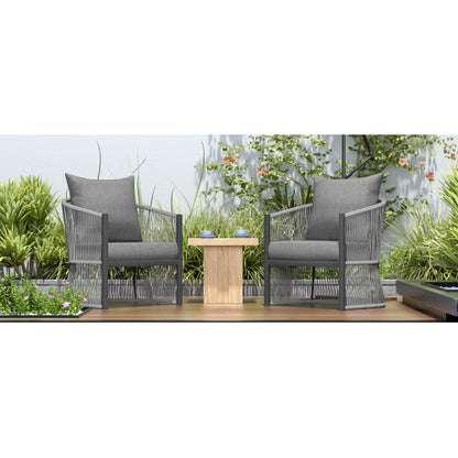 [Set of 2] Modern Gray Curved Aluminum Lounge Chair with Stylish Rope-Weave Design and Cushioned Comfort, Perfect for Outdoor Living