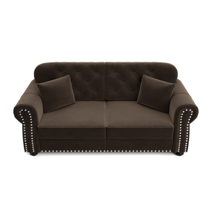 63 inch  Brown Velvet Mid-Century Sofa, Nailhead Trim & 2 Pillows
