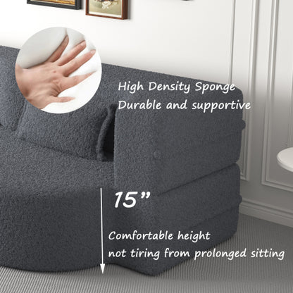 Grey Full-Size Convertible Sherpa-Fleece Floor Sofa-Bed 15 inch  Height with 2 Pillows No-Assembly Folding Mattress for Living-Room Play-Room