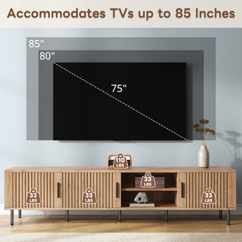 78.7 inch Natural Wood Vertical Groove TV Stand Heavy Iron Leg Entertainment Center For 85 inch TV