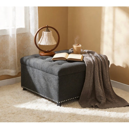 Dark Grey Tufted Square Storage Ottoman with Nailhead Trim, Upholstered Footstool for Living Room & Bedroom