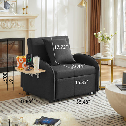 Black 3-in-1 Convertible Sleeper Chair,USB-C,Foldable Side Table