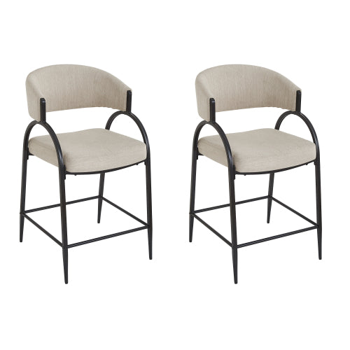 25inch  Seat Height Modern Fabric Bar Stools with Back, Black Metal Frame, Comfortable Counter Stools for Kitchen Island/Dining Room, Set of 2 (Beige)