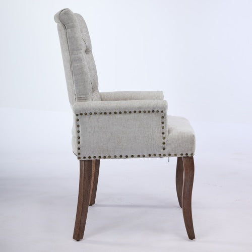 Upholstered Chenille Arm Dining Chair, Tufted Accent Chair with Curved Solid Wood Legs, Beige, Single Pack