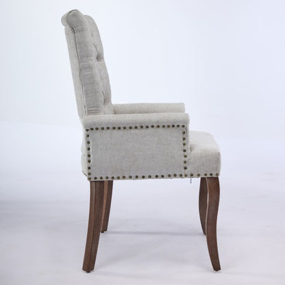 Upholstered Chenille Arm Dining Chair, Tufted Accent Chair with Curved Solid Wood Legs, Beige, Single Pack