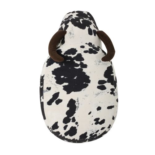 Black & White Cow Shaped Animal Ottoman, Fabric Footstool with Velvet Horns & Natural Birch Legs for Indoor & Outdoor Decor