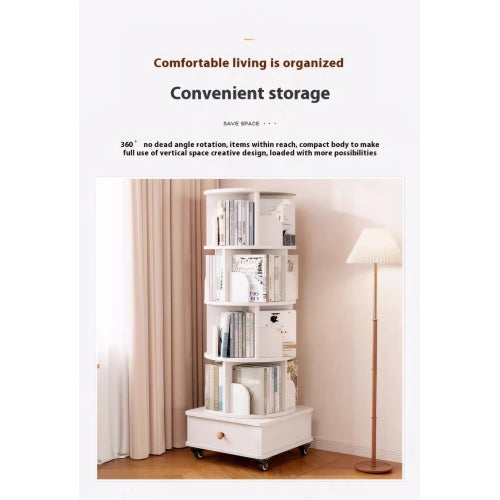 White 5-Tier 360¡ã Rotating Wooden Bookshelf with Single Drawer, Space-Saving Corner Home Organizer