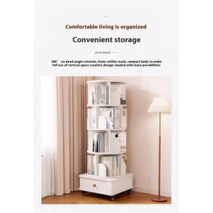 White 5-Tier 360¡ã Rotating Wooden Bookshelf with Single Drawer, Space-Saving Corner Home Organizer
