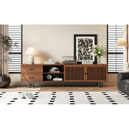78.7 inch Walnut Slatted Door TV Stand Deep Drawers Solid Rubber Wood Legs Holds 85 inch TV