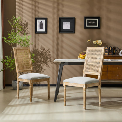 Set of 2 French Country Weathered Cane Back Dining Chairs, Fluted Rubberwood Leg Vintage Accent Chairs