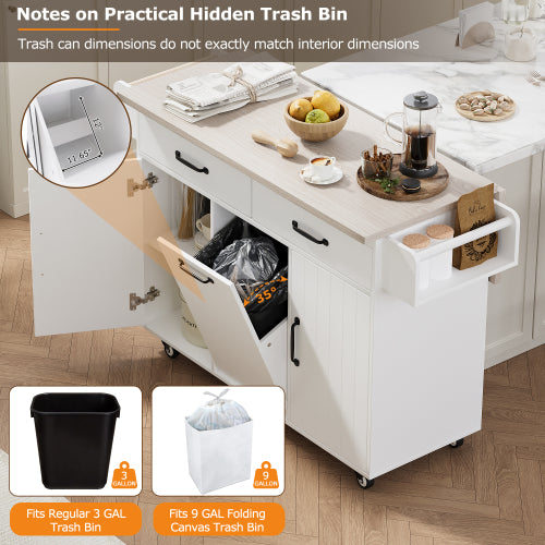 Kitchen Island Cart with Trash Storage Drop Leaf and Adjustable Shelves White