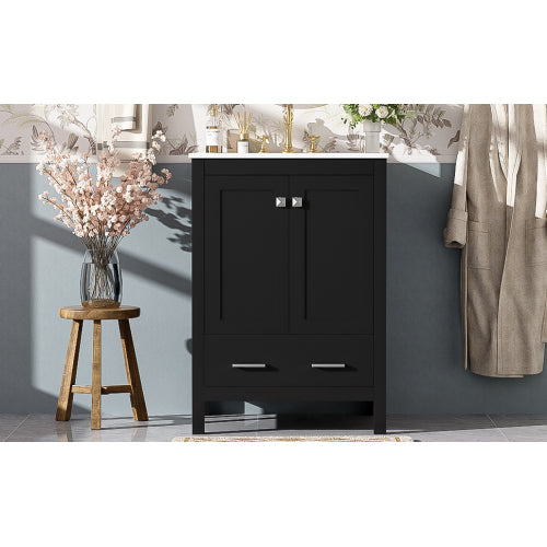 24-inch bathroom vanity with integrated undermount basin and a storage cabinet featuring 2 doors and 1 drawer. Includes double-layer door shelf, soft-close design, and versatile storage solutions