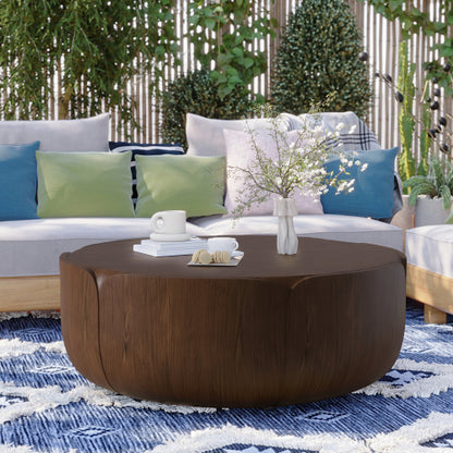 35.63" Round Outdoor Indoor Coffee Table, Modern Wood Grain Drum Center Table, Sturdy MGO (Magnesium Oxide) Waterproof, No-Assembly Table for Patio, Garden, Backyard, Living Room (Brown)