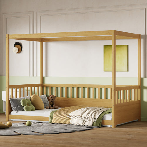 Twin Size Canopy Bed Frame with Guardrails for Kids,Floor Bed Twin with Four Poster Design,Kids Montessori Floor Bed,Wood Canopy Bed Frame for Girls,Boys(Twin,Natural)