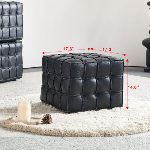 17.32 inch Genuine Leather Tufted Ottoman Footstool, Black