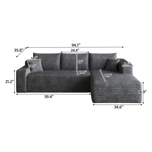 95 inch  Dark Grey Plush Corduroy U-Shaped Cloud Modular Sofa, No Assembly