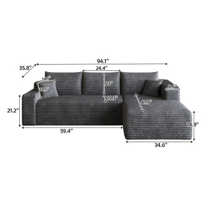 95 inch  Dark Grey Plush Corduroy U-Shaped Cloud Modular Sofa, No Assembly