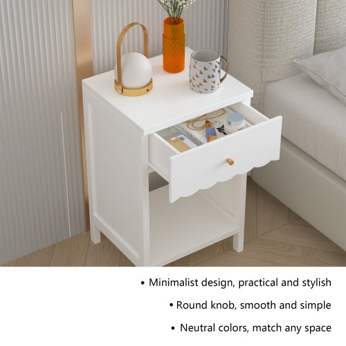 Modern White Nightstand with Drawer and Open Shelf,Scalloped Edge Bedside Table for Bedroom, Cute Minimalist Side Table for Kids Room or Girls' Room