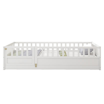 Twin Size Floor bed, integral construction with super high security barrier, door, children's floor bed frame, Montessori wooden children's floor bed, Support slat white