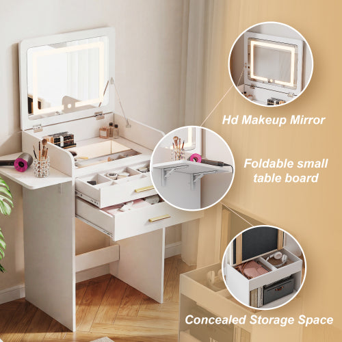 Flip-top Vanity Table,Compact/Mini Vanity,Mirror-integrated Dressing Table,All-in-one Storage Cabinet,Makeup Vanity Set with Stool