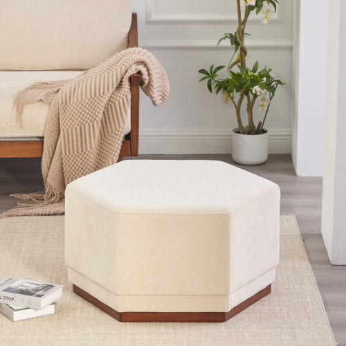 Modern Hexagon Chenille Ottoman, Beige Upholstered Footrest with Solid Wood Base, Fully Assembled Accent Stool