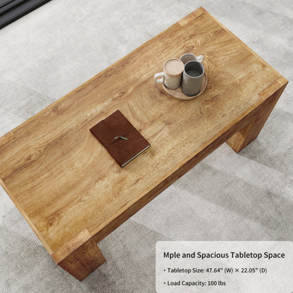 48 Inch Farmhouse Wooden Coffee Table with Hidden Drawer, Natural Wood