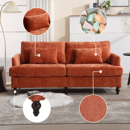 Orange Chenille Mid-Century 2-Seat Loveseat,Brown Wood Legs