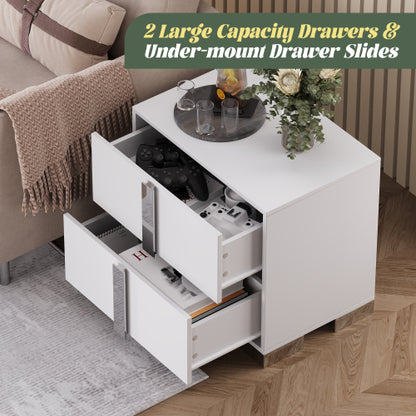 Modern End Table with Drawers, Elegant Nightstand with Metal Foot,Wood Bedside Table with Mirrored Metal Handles,Sofa Side End Table for Bedroom Living Room Office,White