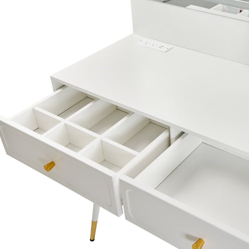 White Expandable Vanity Desk with LED Lighted Mirror, Adjustable Position Side Cabinet, Power Strip & Storage Drawers