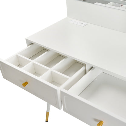 White Expandable Vanity Desk with LED Lighted Mirror, Adjustable Position Side Cabinet, Power Strip & Storage Drawers