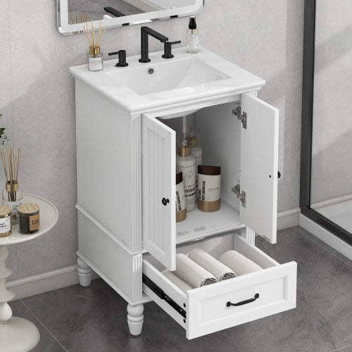 20" Bathroom Vanity with Sink, Bathroom Cabinet with Two Doors, Magnetic Door Stopper and Adiustable Foot Pads, A Drawer, White