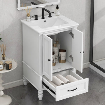 20" Bathroom Vanity with Sink, Bathroom Cabinet with Two Doors, Magnetic Door Stopper and Adiustable Foot Pads, A Drawer, White