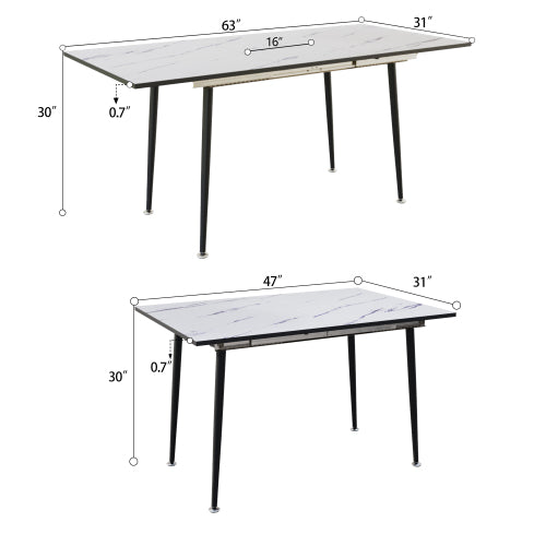 5-Piece White Extendable MDF Dining Set, Expandable Table & 4 Grey Suede Chairs with Metal Base