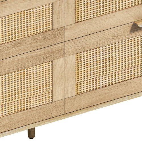 Natural Tone 6-Drawer Rattan Bedroom Storage Dresser With Metal Handle